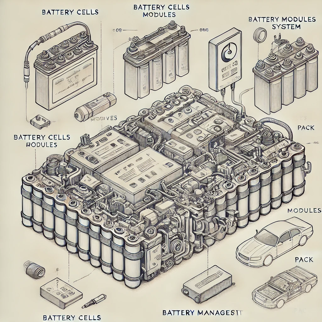 Image: Basic Structure of an EV Battery
(An image showing a lithium-ion EV battery pack with cells, modules, and BMS.)